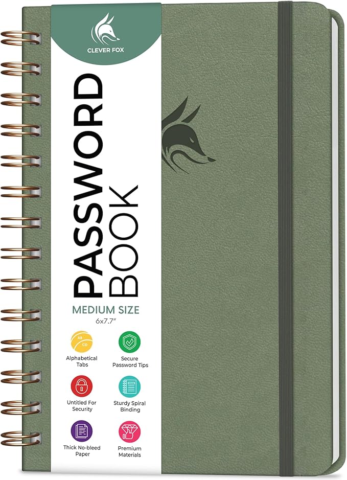 Clever Fox Password Book Spiral – Internet Address & Password Organizer with Laminated Alphabetical Tabs – Password Keeper Journal – Hardcover, Medium Size, 6.1x7.7” (Cypress)