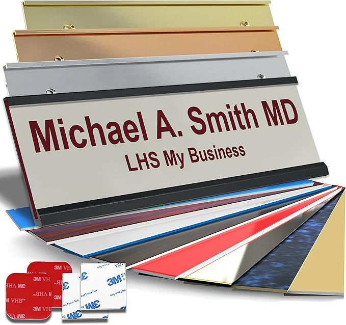 Personalized Name Plate with Choice of Mounting Holders for Walls, Doors, Cubicles, Hanging and More - Custom Light Gray Plastic Burgundy Letters - USA Made 2x12 - B21