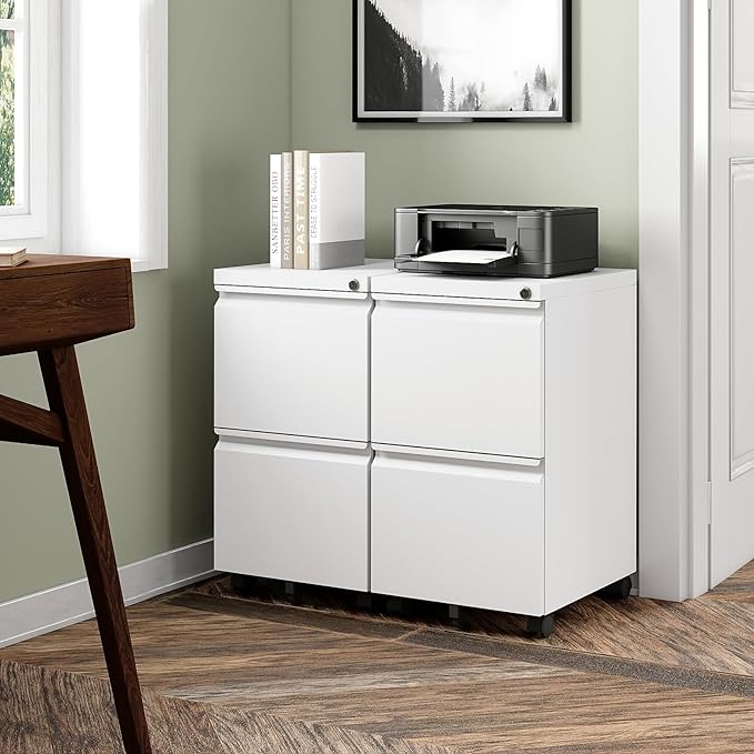 BYNSOE 2 Drawers File Cabinet with Lock Metal Vertical File Cabient with Wheels Mobile File Cabinet for Office Home Legal/Letter/a4 Size Require Assembly (White, 2 Drawers)