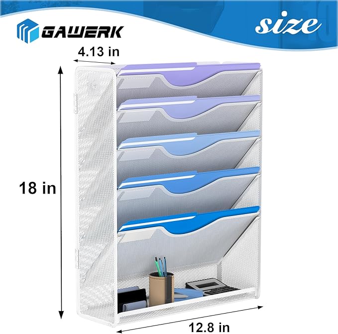Gawerk 6 Tier Hanging File Organizer, Mesh Wall File Holder Paper Folder Rack with Bottom Flat Tray for Office Home, White