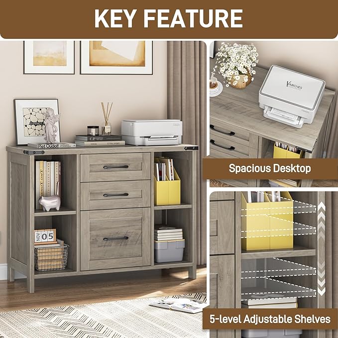 Vabches File Cabinet with 3 Drawers, Farmhouse Lateral File Cabinet Fits Files Letter/A4 Size, Wooden Filing Cabinet with Adjustable Shelves Printer Stand for Home Office, Grey