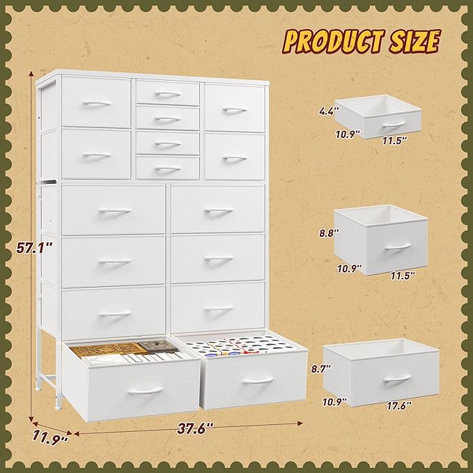 Romorgniz 57“H Dresser for Bedroom with Multiple Drawers,Dressers & Chests of Drawers for Bedroom,Large White Dresser, Sturdy Metal Frame & Wood Top,Entryway, Hallway