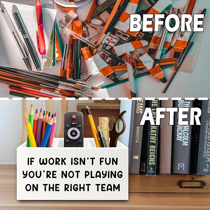 XPH Inspirational Pen Pencil Holder Organizer for Desk, Inspirational Gifts for Women, Teamwork Team Gifts for Employees Coworkers Wooden Box Sign for Home Office Desk Tabletop Decorations