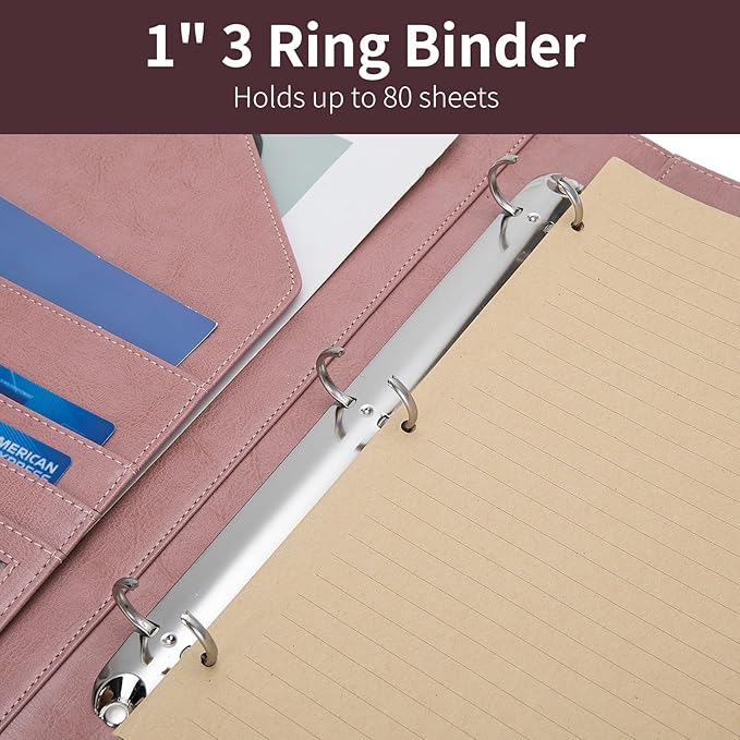Geslun Vegan Leather 3 Ring Binder, 8.5 x 11 Letter Size Folio with Pen Holder, Soft Notebook Portfolio Cover, Slim Notepad Padfolio Thin File Organizer for Work Executive Meeting, Pink