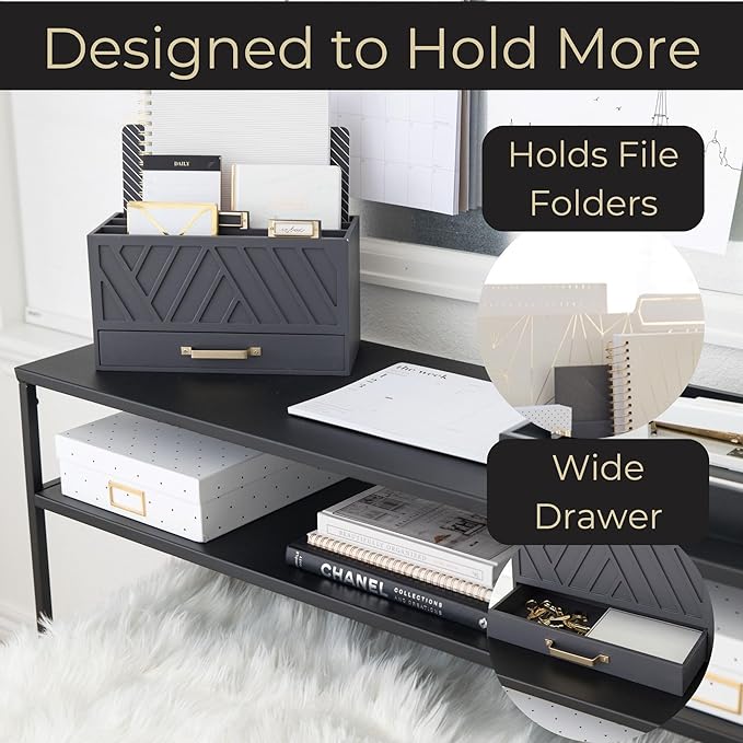 BLU MONACO | Grey Three-Tier Desktop Mail Organizer with Gold Label Holders & Drawer | Stylish Mail Holder and Countertop Document Storage for Home or Office