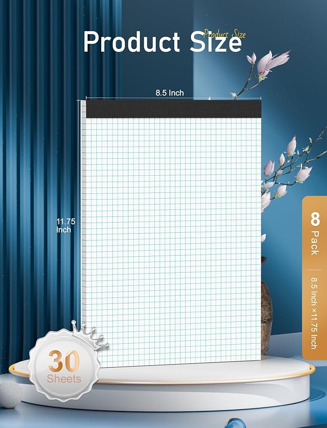 Zaviko Graph Paper Pads 8.5 x 11, 8 Pack, 4x4 Quad Grid Paper Pad 8-1/2" x 11", White Quadrille Pad, Easy Tears Off Design, Grid Notebook 8-1/2 x 11, White 70 GSM Graft Paper, 30 Sheets/Pad