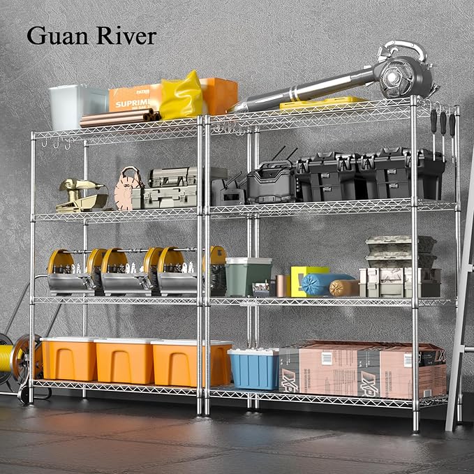 Guan River 4-Shelf Adjustable Metal Shelf Wire Shelving Unit Heavy Duty Storage Rack Shelf for Office,Kitchen,Bedroom,Bathroom,Laundry,Pantry Basement,Garage(Chrome,48" L x 18" W x 62" H)