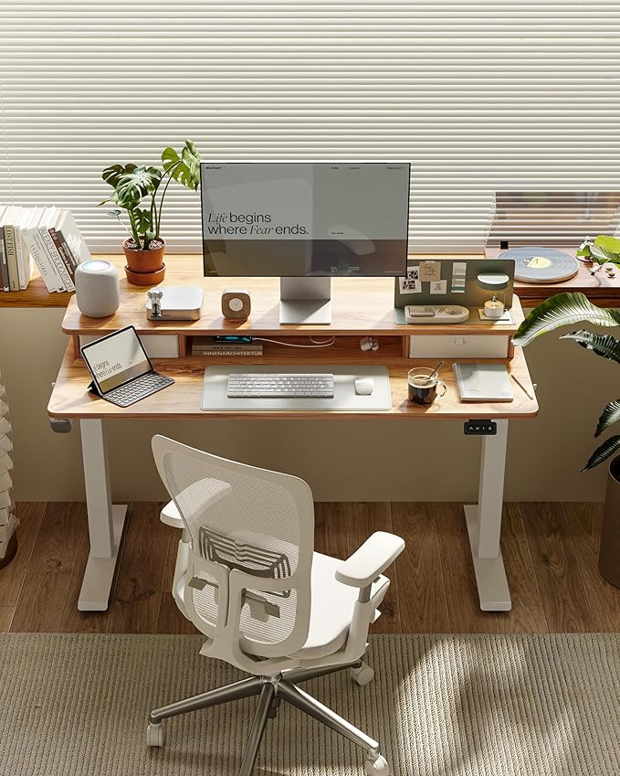 FEZIBO 40 x 24 Inch Height Adjustable Electric Standing Desk with Double Drawer, Stand up Home Office Computer Desk with 4 Height-Adjustable Feets & 2 Hooks, Light Rustic