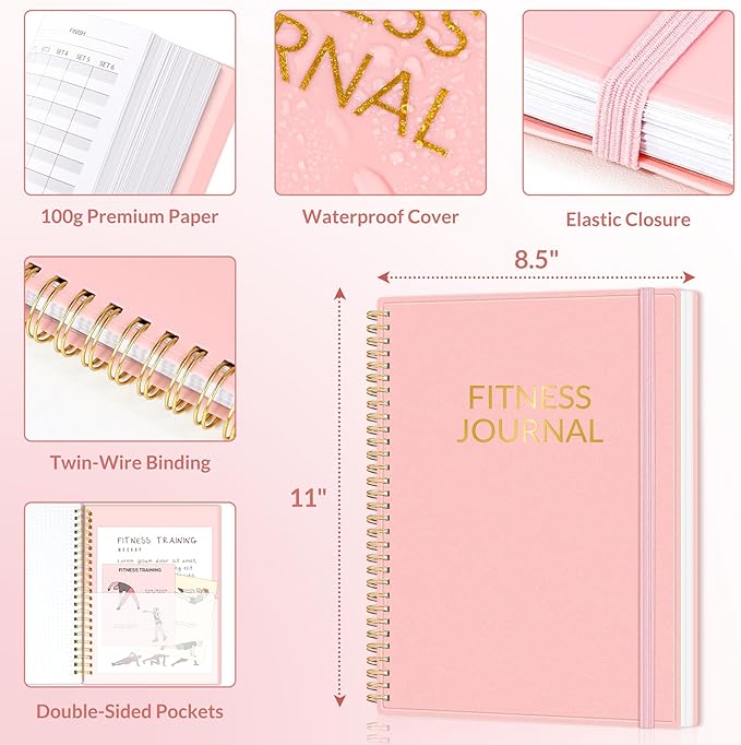Fitness Journal Workout Planner for Women & Men, A4 (8.5" x 11") Workout Journal Log Book Planner Gift for Track Gym Essentials, Home Workouts, Track Progress, Achieve Wellness Goals, Pink
