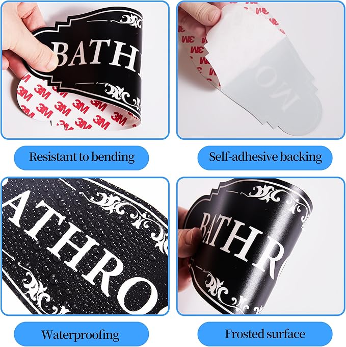 Bathroom Sign Sticker for Business and Home，Self-adhesive Cute Bathroom Decor for Door，Waterproof Vinyl Restroom Sign for Home，Office，Shop（Black）