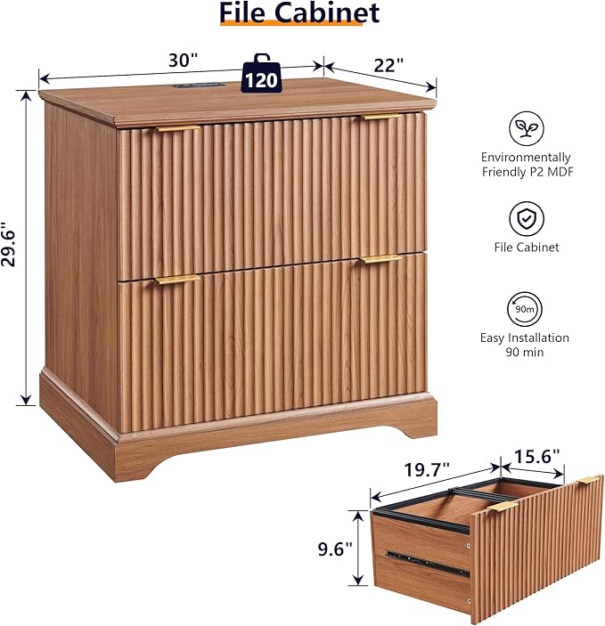JXQTLINGMU 2 Drawer File Cabinet with Charging Station, 30" Fluted Lateral File Cabinet w/Files Hanging Rod for Letter/Legal/A4, Large Tabletop for Printer, Office Wood Printer Cabinets, Dark Grain