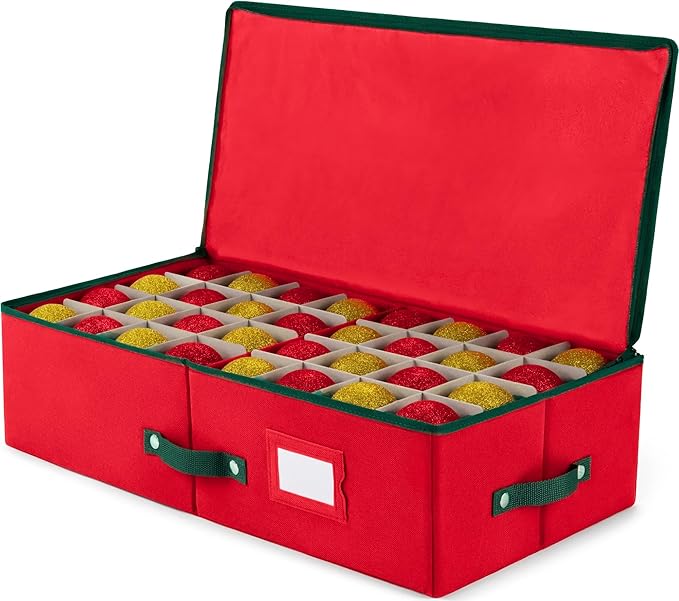 ZOBER Underbed Christmas Ornament Storage Box - Stores 64 3" Ornaments, With Dividers - Tear Proof 600D Oxford Fabric, Ornament Organizer Storage Box, Durable Christmas Containers Holder - Red