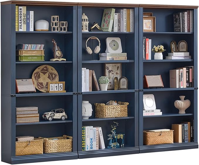 RWYHG 70" Blue Tall Bookshelf Set of 3,5-Tier Thick Wooden Book Shelf with Adjustable Shelves,Free Standing Farmhouse Bookcase with Open Display Storage,Floor Vintage Bookshelves for Living Room