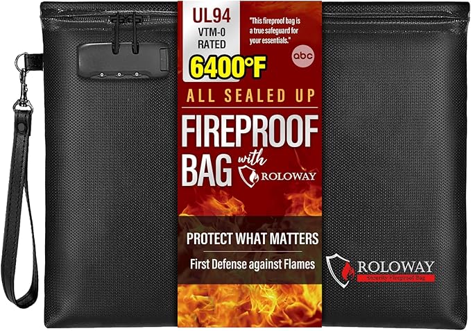 ROLOWAY Fireproof Document Bag (14.5 x 11.5 inch), 6400℉ Fireproof Money Bag with Zipper for Cash, Fire Safe Money Pouch with Lock (Black)