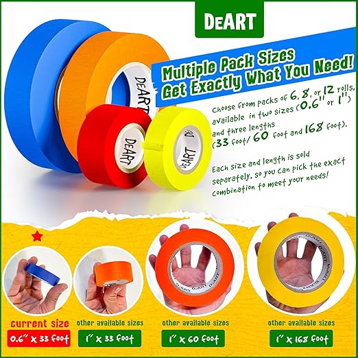 Colored Masking Tape Painters Tape 12 or 8 Pack 1 inch or 0.6 Inches for Arts & Crafts Labeling Coding Whiteboard Thin Paper Tape Craft Classroom School Supplies Wire Management Scrapbook Decoration