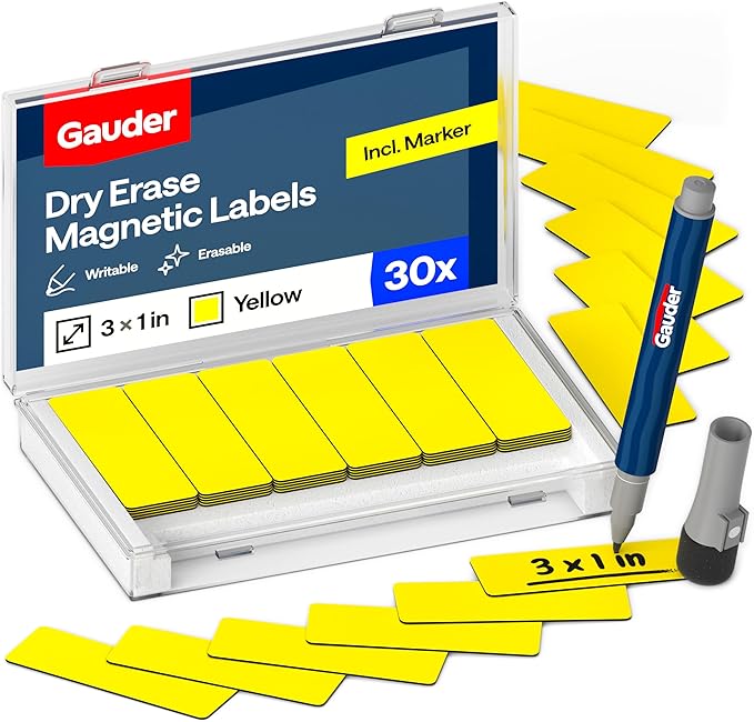 GAUDER Magnetic Dry Erase Labels | 30x Magnetic Labels (3 Inches x 1 Inch) | Dry Erase Magnets for Classroom, Whiteboard and Blackboard