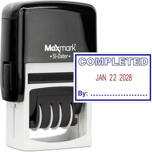 MaxMark Office Self Inking Date Stamp with Phrase Completed - 2 Color Blue/Red Ink