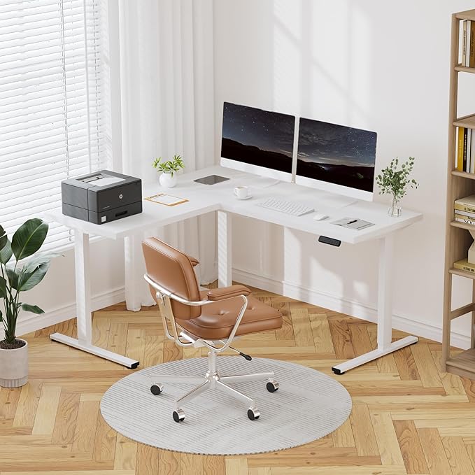 FLEXISPOT L Shaped Standing Desk, 63 x 55 Inch Electric Height Adjustable Corner Desk, Sit Stand Computer Workstation, Preset Controller, Home Office, White Frame with White Top