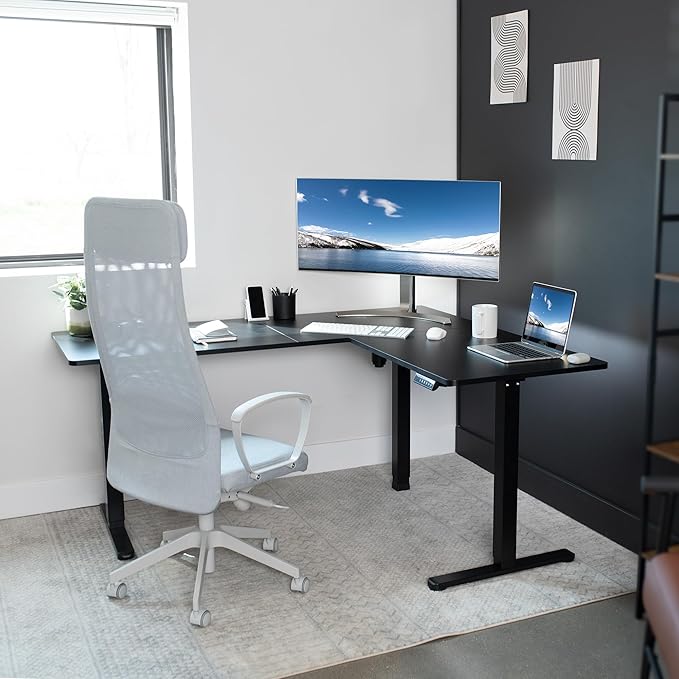 VIVO Electric Corner 63 x 55 inch L-Shaped Standing Desk, Memory Height Adjustment, Black Top Black Frame, DESK-E3CTB
