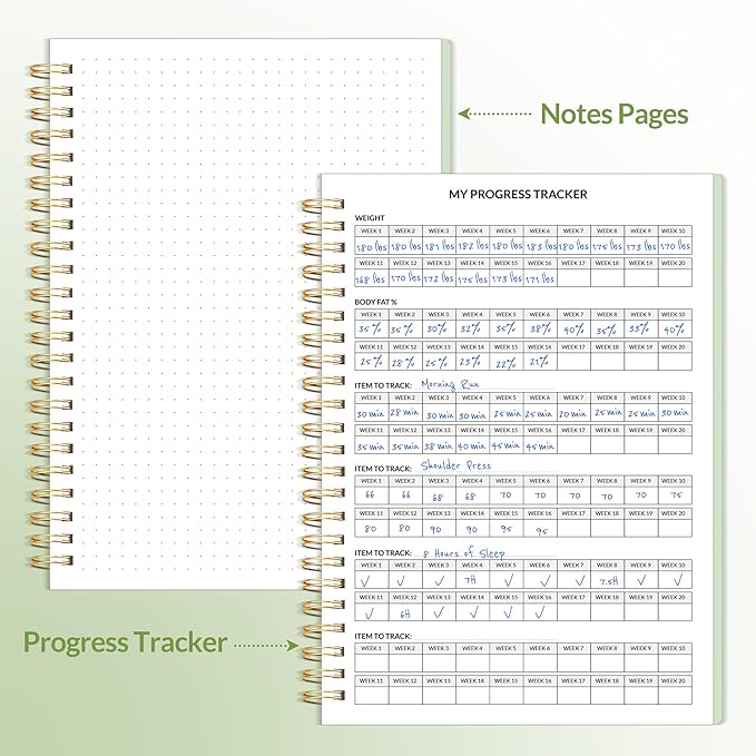 Fitness Journal Workout Planner for Women & Men, A5 (6.4" x 8.3") Workout Journal Log Book Planner Gift for Track Gym Essentials, Home Workouts, Track Progress, Achieve Wellness Goals, Green