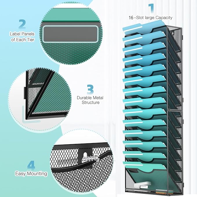 Gawerk 15-Tier Wall File Organizer Hanging Wall File Holder Wall Mount Paper Folder Organize, Mesh Magazine Document Mail Organizer Wall Organizer for Office School Home, Black