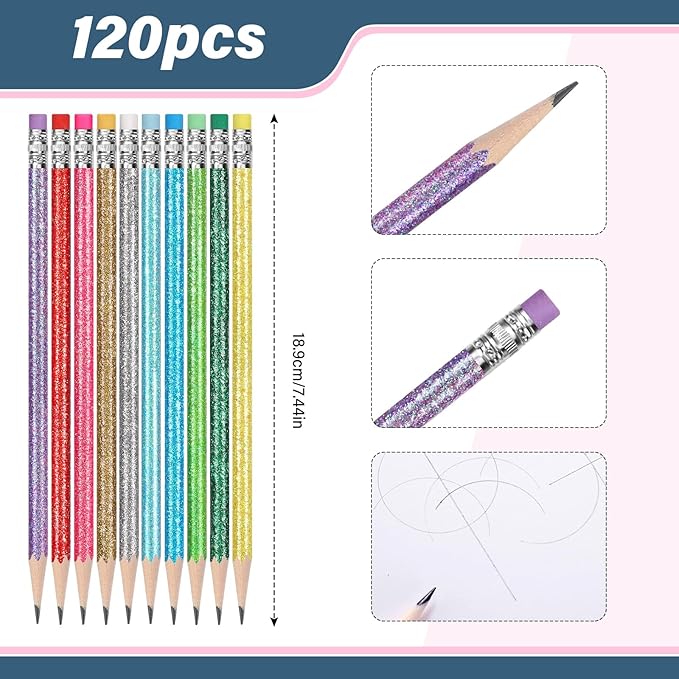 TecUnite 120 Pcs #2 HB Pencils with Eraser No 2 Unsharpened Wooden Hexagonal Pencils for Adults Gifts for School Exam art Learning Office Sketching(Glitter Series)