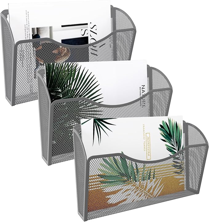 EasyPAG 3 Single Pocket Wall File Organizer, Mesh Hanging File Folder Organizer for Letter/A4 Size Folders, Wall Mounted Vertical Mail Holder for Paperwork, Office, Home, School, Silver
