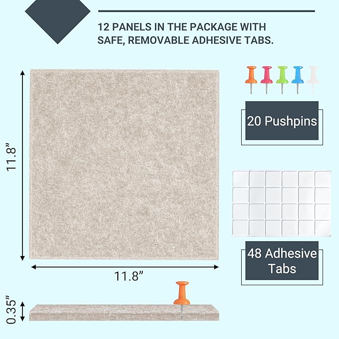 AKTOP Cork Board Bulletin Board 47"x35", 12 Pack Removable Felt Cork Board Tiles for Wall, Large Corkboard Notice Pin Board for Office, School & Home, 48 Safe Adhesive Tabs, 20 Push Pins, Latte