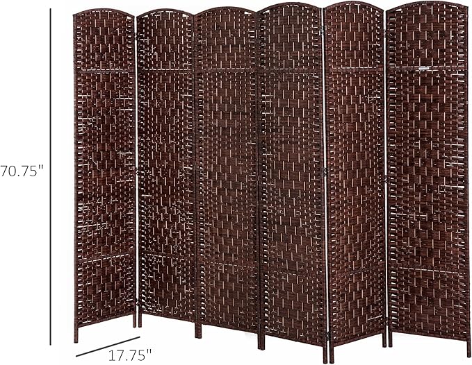 HOMCOM Room Divider, 6 Panel Folding Privacy Screen, 6FT Tall Portable Wicker Weave Partition Wall Divider for Bedroom, Home Office, Brown