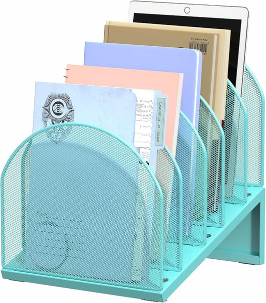 OUTIOE 5-Section Desk File Organizer, Metal Mesh Folder Organizer for Documents, Mail & Office Papers (Blue)