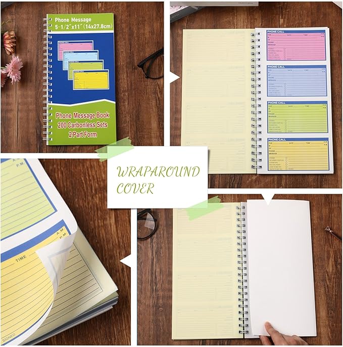 Sinmoe 1 Pcs Spiral Bound Phone Message Book with Carbon Copy 5-1/2" x 11" 2 Part Colorful Carbonless Telephone Message Pads Duplicate Spiral Phone Call Log Book for Business Office (Green,Blue)