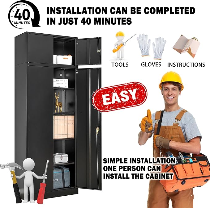 TaskStorz Storage Cabinet, 87 Inch Tall Metal Storage Cabinet with Doors and Shelves,Heavy Duty Metal Cabinet, Pantry Cabinets for Kitchen Storage, Garage Cabinet for Living, Dining Room.