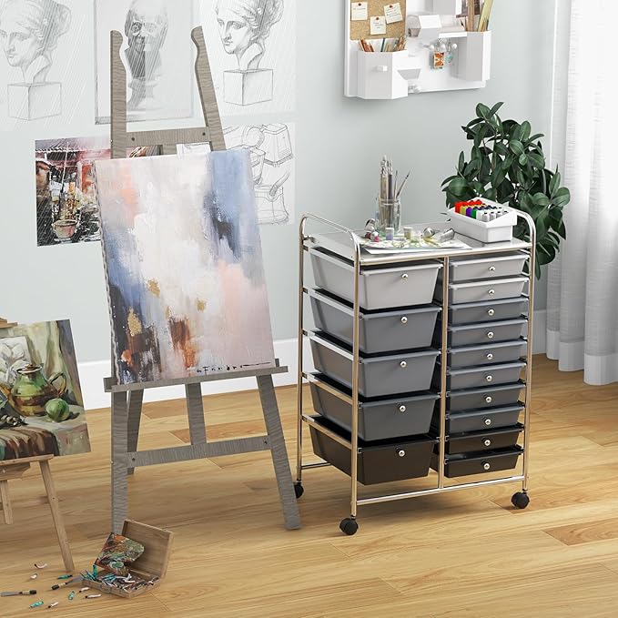 GLACER 15 Drawers Rolling Cart, Storage Cart with w/Removable Drawers & Steel Frame, Multipurpose Organizer Cart w/Sleek Handle, Utility Cart on Lockable Wheels for Home, School, Office (Grey)
