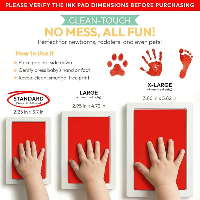 Clean Touch Ink Pad for Baby Handprints and Footprints – Inkless Infant Hand & Foot Stamp – Safe for Babies, Doesn’t Touch Skin – Perfect Family Memory or Gift – Red Print Kit by Tiny Gifts