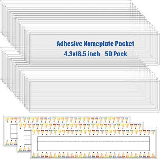 Jeyiour 50 Pcs Label Holders Adhesive Nameplate Pockets Storage Bin Labels Index Card Holder Shelf Plastic Peel Stick for Classroom Supermarket Bookshelf Library Student Box Drawer (4.3 x 18.5 Inch)