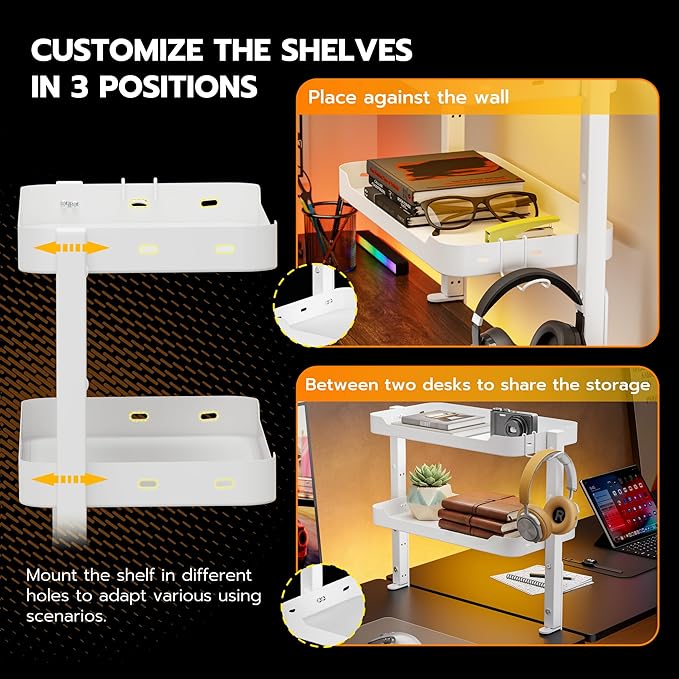ARES WING 2-Tier Clamp On Desk Shelf, 16 inch Adjustable Above or Under Desk Storage Shelves Holds 44 lbs, Heavy Duty Desktop Organizer with Headphone Holder for Working and Gaming Accessories, White
