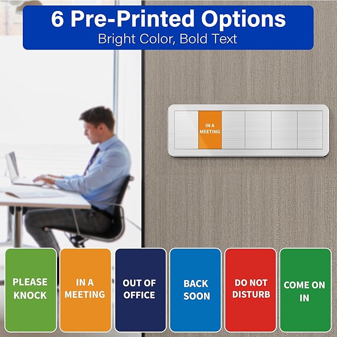 Office Door Signs with 6 Printed Status Options – Do Not Disturb, Out of Office, In a Meeting, Please Knock, Back Soon, Come on in – Includes Custom Personalized Blank Sticker for Privacy Workspace or Studio Available and Away