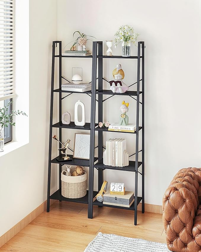 Hzuaneri Ladder Shelf, Bookshelf Bookcase, Freestanding Corner Storage Shelve with 2 Hooks for Home Office, Living Room, Kitchen, Bedroom, Industrial, 11.8" D x 17.3" W x 63" H, Black BC19204B