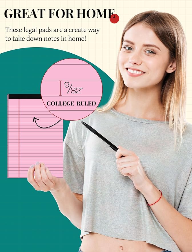 Aidunmis 7pcs Small Note Pads 5x8 Legal Pads Pink Notepad 5x8 College Ruled Pink Notebook Paper Narrow Ruled Mini Notepads 5 x 8 Legal Pad Perforated Small Writing Pads 5x7 In 30 Sheets per Note Pad