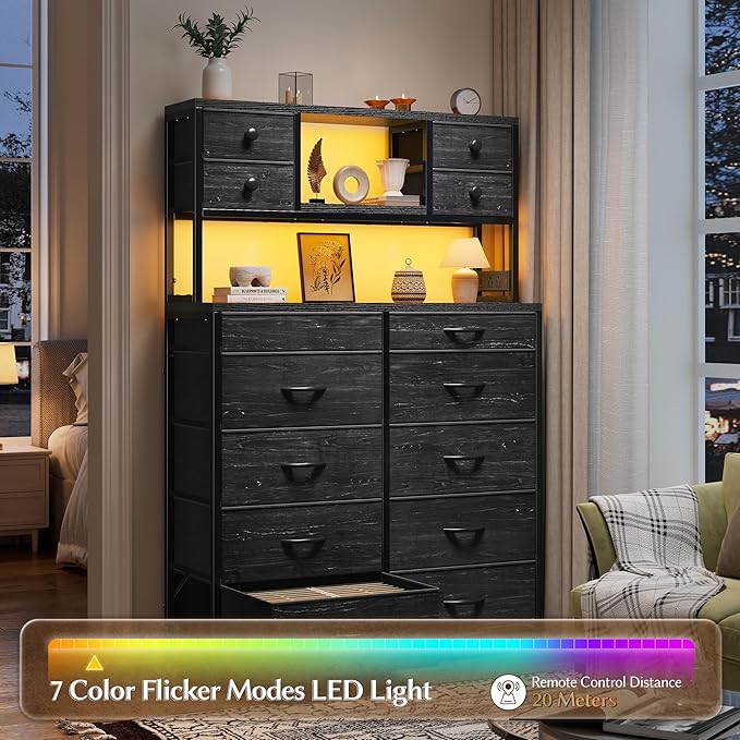 EnHomee Black Dresser with Multiple Fabric Drawers, Dresser for Bedroom with Charging Station and LED Lights,Dressers & Chests of Drawers for Bedroom, Steel Frame & Wooden Top, Entryway