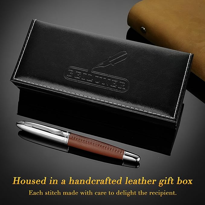 BEILUNER 318 Luxury Leather Pen, Hand-Stitched Premium Leather, Chrome-Plated Finish, Schmidt Ink Refill, Fancy Rollerball Pen Gift Set for Men & Women, Executive Writing, Nice Designer pen