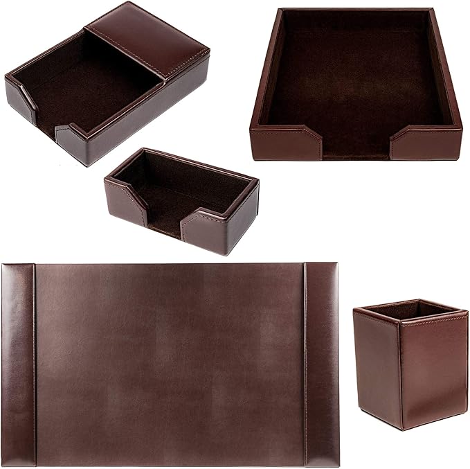 DACASSO Bonded Leather Desk Set - Luxury Leather Desk Pad & Desk Organization Essentials - Office Organization & Executive Desk Decor - (Dark Brown, 5 Piece)