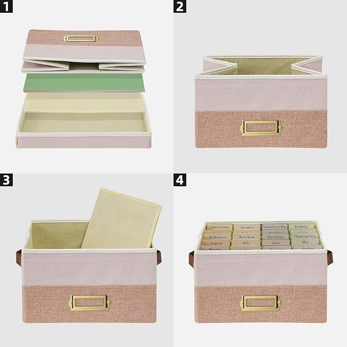 Vienrose Greeting Card Organizer Box with 20 Removable Dividers, 84 Self-Adhesive Labels, Foldable Storage Box Great for Greeting Cards, Photos, Envelopes, Stickers, Postcards Light Pink&Lotus