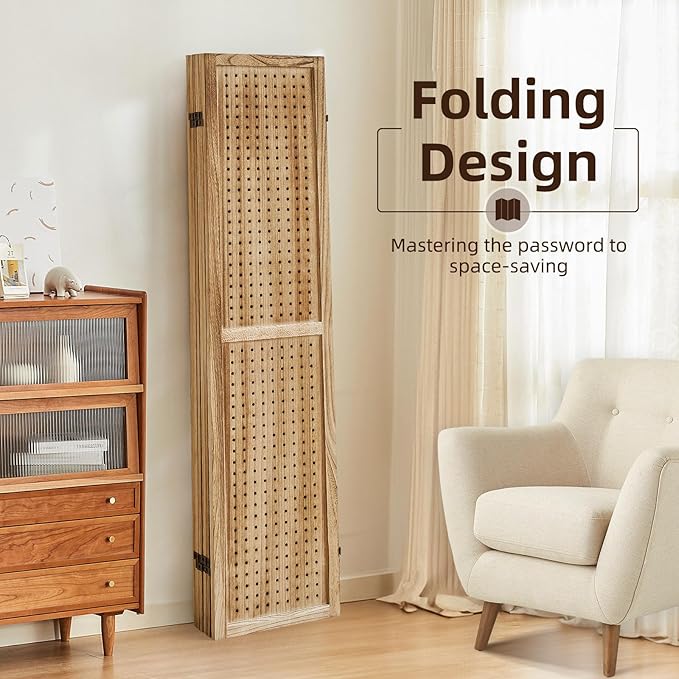 Aleesing 6 Panel Pegboard Display with 24 Hooks, Pegboard Room Divider and Folding Privacy Screens, Partition Room dividers, Wooden Room Divider Wall, Jewelry Store, Bedroom, Balcony, Light Brown