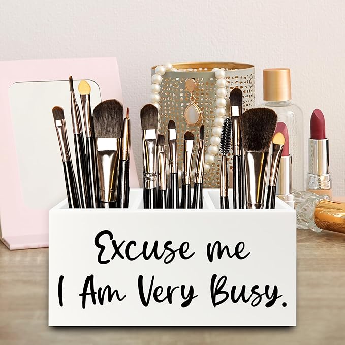 QZQE Funny Pen Pencil Holder Organizer for Desk, Funny Office Decor, Excuse Me I Am Very Busy Wooden Box Signs Decorations for Home Workplace Office Desk Tabletop