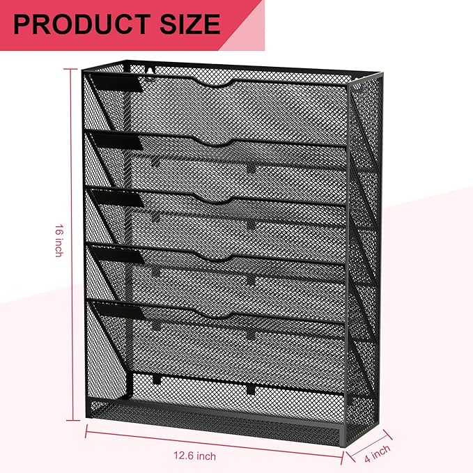 GDINDINFAN Hanging Wall File Organizer 6 Tier Wall Mounted Mail Paper Folder Holder Document Organization Stand, Vertical Desk Magazine Rack for Office Home Cubicle Countertop, Black