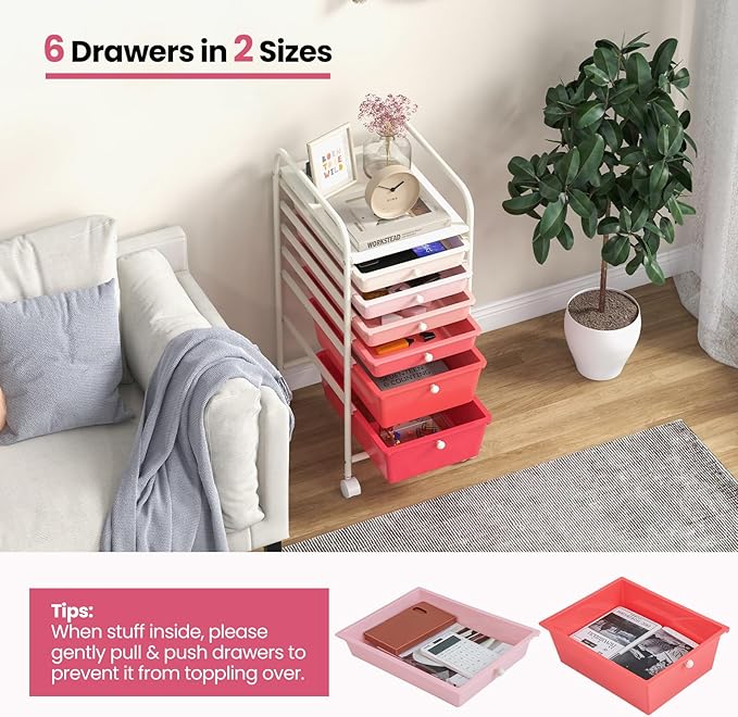 Giantex 6 Storage Drawer Cart Rolling Organizer Cart for Tools Scrapbook Paper Home Office School Multipurpose Mobile Utility Cart (Pink Gradient)