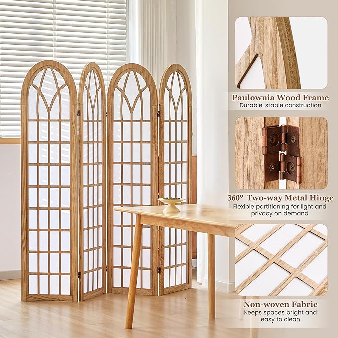 Asnefeli 4 Panel Japanese Room Divider, Shoji Style Partition Divider, Fully Assembled Wooden Privacy Screen for Home Office Bedroom Apartment Decoration, Natual