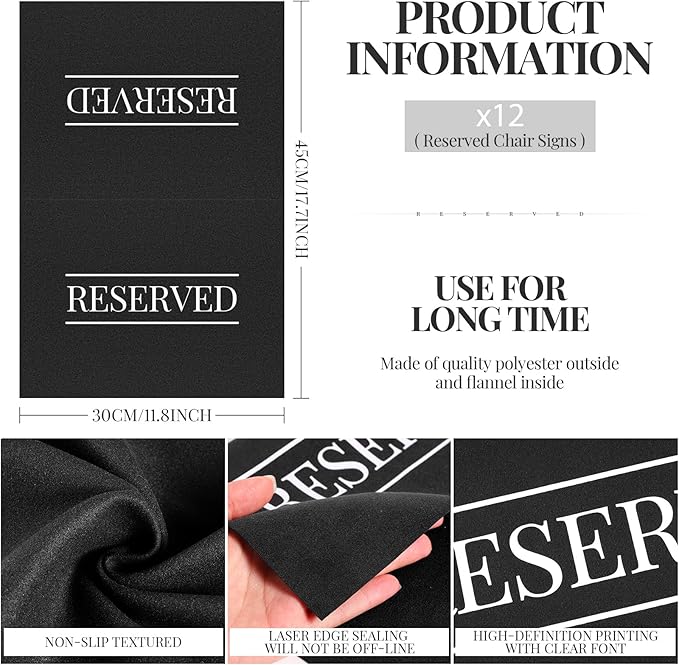 Buryeah 12 Pcs Reserved Seating Signs for Chairs Church Pew Reserved Chair Signs Placeholder with Printed Words for Weddings Parties Celebrations Receptions Church or Event (Black,White)
