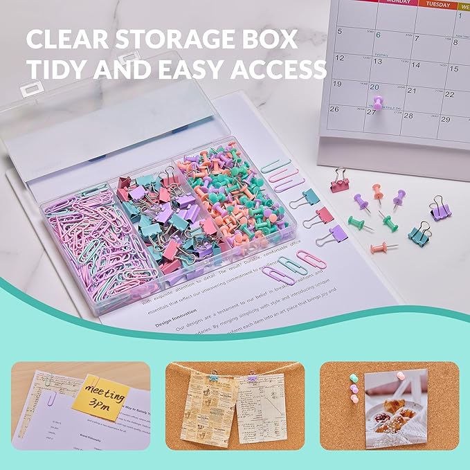 LincOficey 350pcs Paper Clips Binder Clips and Push Pins Set, Small Clips Office Supplies in Compartments Container for Multipurpose Document Organization (Pastel)